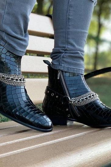 Handmade Men&amp;amp;#039;s Black Alligator Texture Madrid Strap &amp;amp;amp; Chain Style Zipper Boot