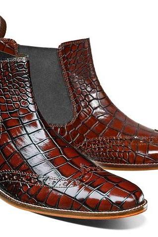 Designer Alligator Chelsea Wing Tip Style Hand Painted Burgundy Boots