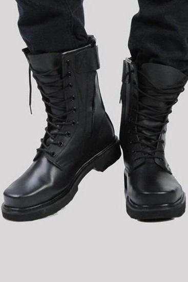 Customize Handmade Men Military Black Real Leather Lace Up Combat High Ankle Boots