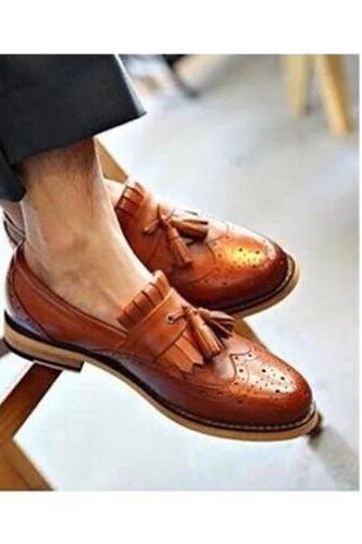 Handmade Men&amp;amp;#039;s Tan Wing Tip Brogue Fringes Tassels Slip On Dress Leather Shoes / Formal Business Shoes For Men Best Gift