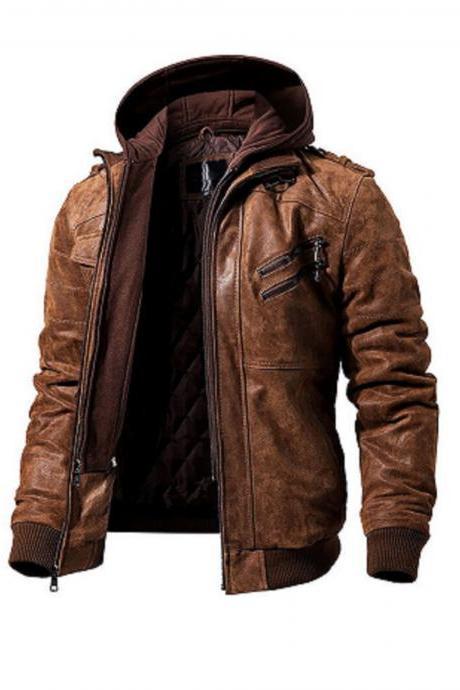 Brown Hooded Leather Jacket, Men&amp;amp;#039;s Leather Jacket, Cafe Racer, Leather Jacket Men, Cowboy Jacket, Quilted Jacket, Racing Jacket