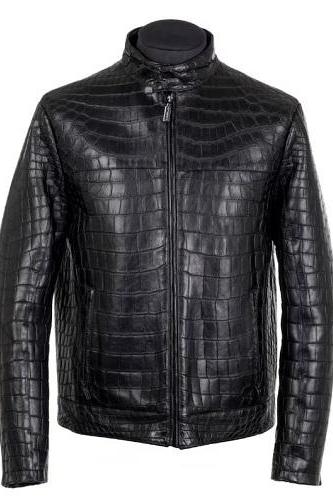 Men&amp;amp;#039;s Real Crocodile Embossed Leather Biker Jacket, Fashion Steampunk Jacket Real Leather Jacket Black, Gif For Boyfriend,