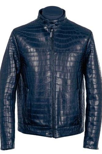 Men&amp;amp;#039;s Real Crocodile Embossed Blue Real Leather Biker Jacket, Fashion Steampunk Jacket Real Leather Jacket