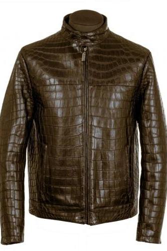 Men&amp;amp;#039;s Real Crocodile Embossed Brown Real Leather Biker Jacket, Fashion Jacket Steampunk Jacket Real Leather Jacket Gif For