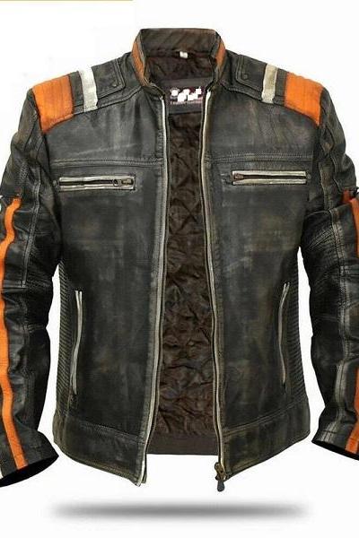 Men&amp;amp;#039;s Retro 3 Cafe Racer Biker Vintage Motorcycle Distressed Real Leather Jacket Handmade
