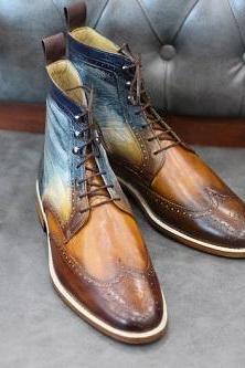 Handmade Genuine Leather Patina Lace-up Ankle Boots For Men&amp;amp;#039;s