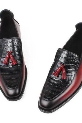 Handmade Genuine Alligator Embossed &amp;amp;amp; Leather Patina Tassel Loafer Shoes For Men&amp;amp;#039;s