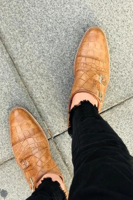 Handmade Genuine Alligator Embossed Leather Monk Strap Shoes For Men&amp;amp;#039;s