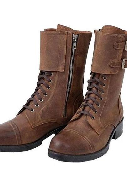 Combat Wears Side Zippered Round Buckle Strap Cap Toe Real Cow Leather Personalized Handmade High Lace-up Long Boots