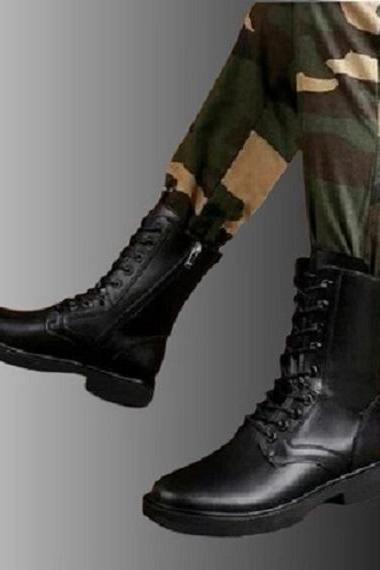 Military Black Color Long Boots, Personalized Lace Up Heavy Ankle Boots, Men&amp;amp;#039;s Handcrafted Commando Cowhide Leather Boots, Army