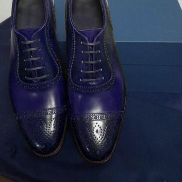 Handmade Royal Blue Black Tone Leather Cap Toe Oxford Shoes on Luulla