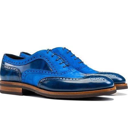 Two Tone Suede Blue Wing Tip Full Brogue Toe Vintage Leather Lace Up Handmade Shoes