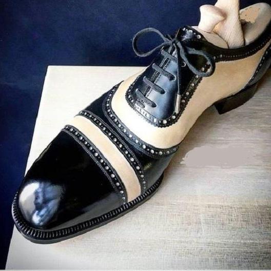 Men Beige And Black Leather Formal Dress Shoes, Office Shoes For Men ...