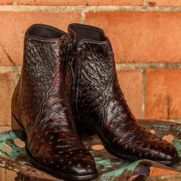Handmade Pure Dark Brown Ostrich Leather Zipper Ankle Boots For Men's on Luulla
