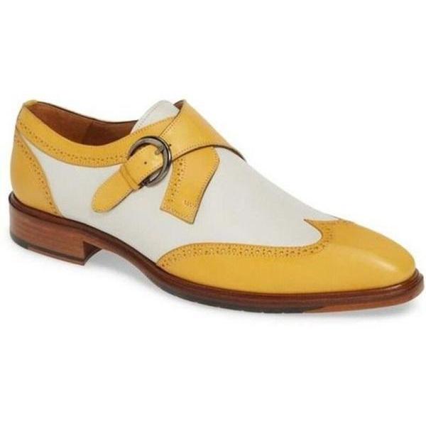 handmade men's genuine leather yellow with white monk shoes men's handmade genuine leather casual shoes