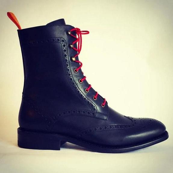 Handmade Bespoke Men Elegant Red & Black Colour Genuine Leather Cap Toe