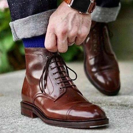 New Men's Handmade Brown Leather Ankle High Lace Up Style Cap Toe Dress Boots