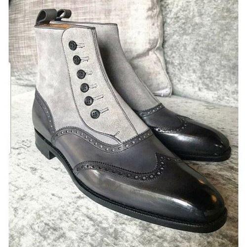 Men's adorable genuine grey leather with suede ankle high long button boots