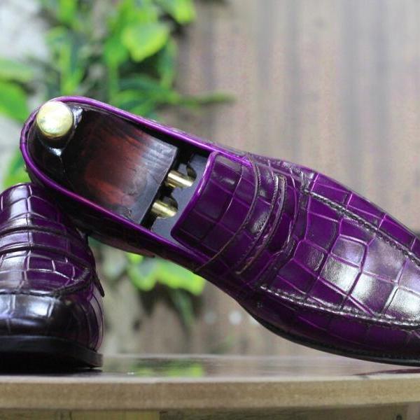 Handmade Alligator Textured Genuine Cow-Hide Leather Round Toe Penny Loafers For Men, Dress Formal Slip On Moccasin Shoes For Men's