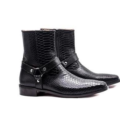 Bespoke Purely Handmade Black Color Snake Skin Textured Genuine Leather Ankle High Strap Boots, Python Textured Side Zipper Boots For Men