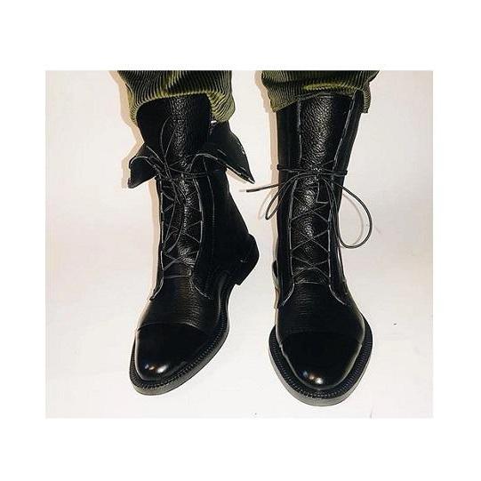 Pretty Nice Black Color Cap Toe Premium Leather Knee Style Women Lace Up High Ankle Boots