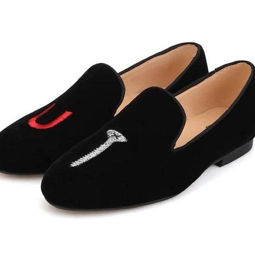 Black Velvet Loafer Screw U Embroidery Cow Skin Suede Leather Wedding Shoes