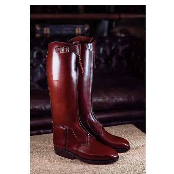 Handmade Men's Cowboy Style Burgundy Color Genuine Leather Knee High Boots For Men's