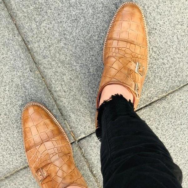 Handmade Genuine Alligator Embossed Leather Monk Strap Shoes For Men's