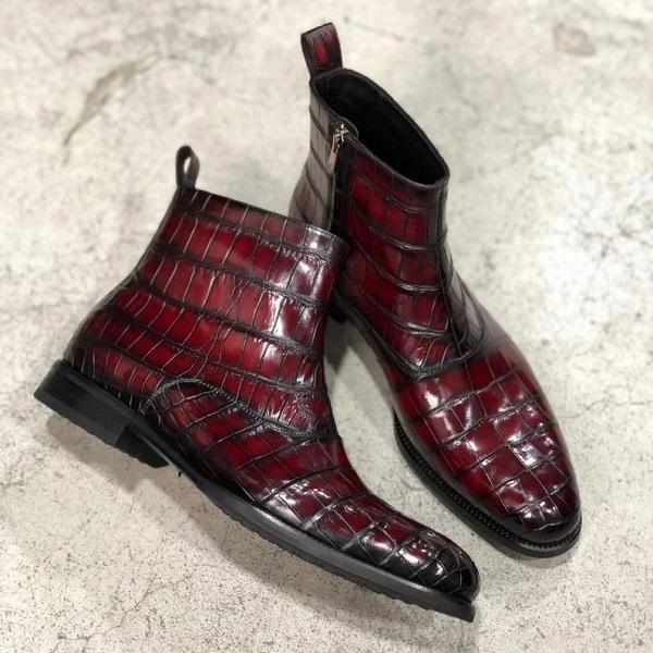 Handmade Genuine Alligator Embossed Leather Zipper Ankle Boots For Men's