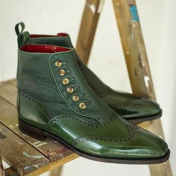 Men's genuine green leather adorable ankle high long button boots