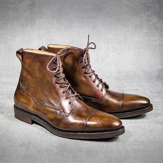 Men's Handmade Tan Brown Ankle High Leather Boots, Cap Toe Casual Lace ...