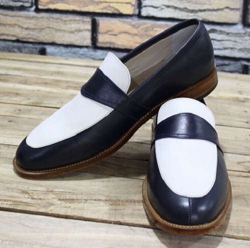 Mens Handmade Shoes Blue & White Leather Slip On Formal Dress Casual ...