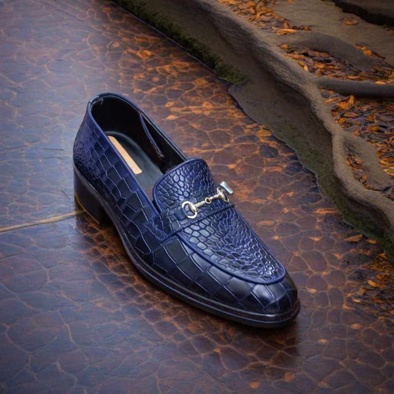 SIGOTTO UOMO Navy Blue Italian Leather Crocodile Print Bit Moccasin